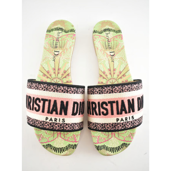Christian Dior In Lights Dway Green Pink Embroidered Logo Slide Flat Sandal 35 - Picture 8 of 12